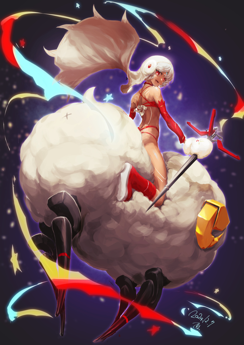 152_in_can 1girl absurdres altera_(fate) altera_the_santa_(fate) bikini boots dark-skinned_female dark_skin dated fate/grand_order fate_(series) from_behind highres mittens red_eyes red_footwear santa_bikini santa_costume sheep star_(symbol) swimsuit veil white_hair white_mittens