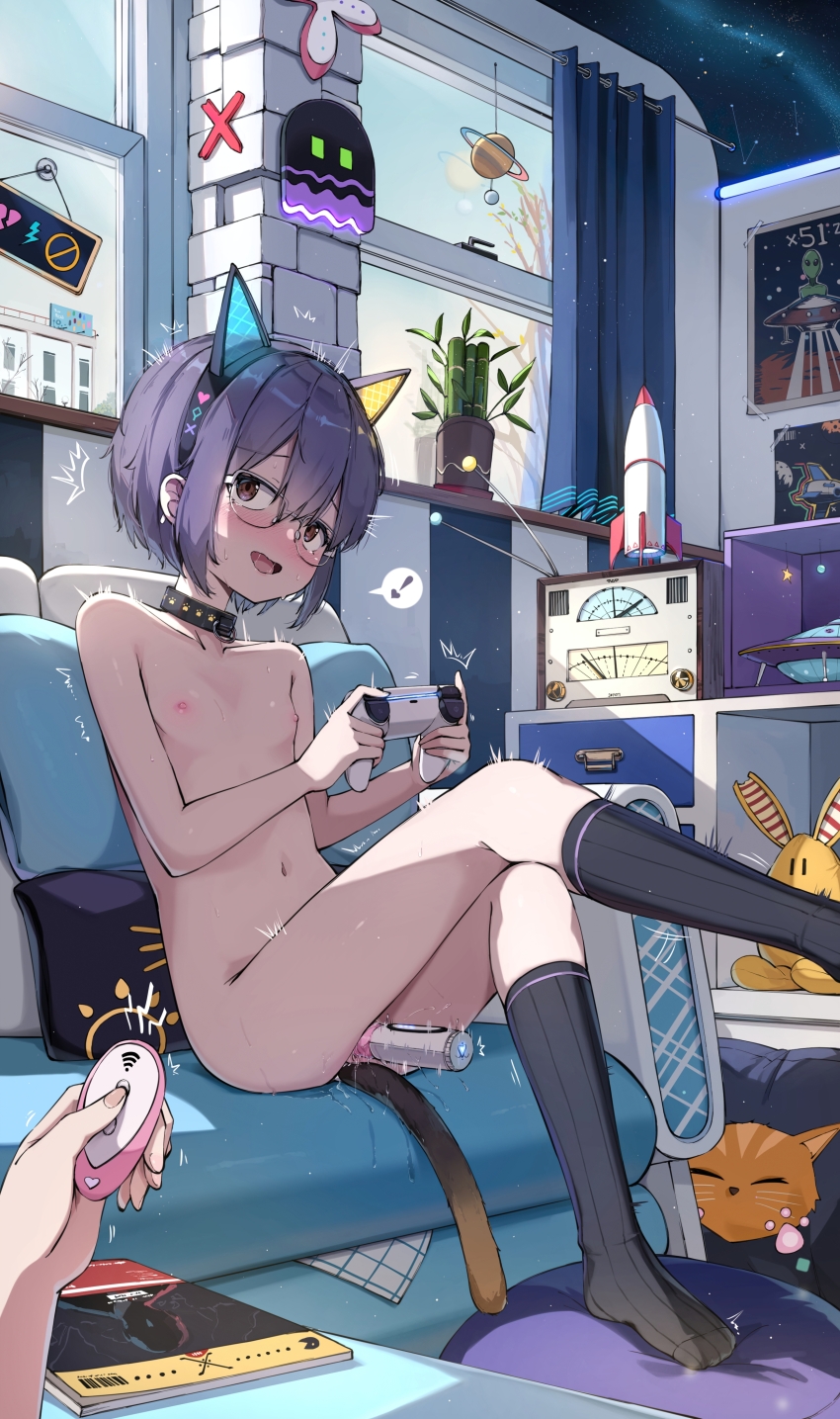 1girl absurdres anal_beads anal_tail animal_ear_headband bdsm breasts butt_plug collar fake_tail highres liclac loli nagato_yuki nude pet_play remote_vibrator sex_toy slave small_breasts socks tail