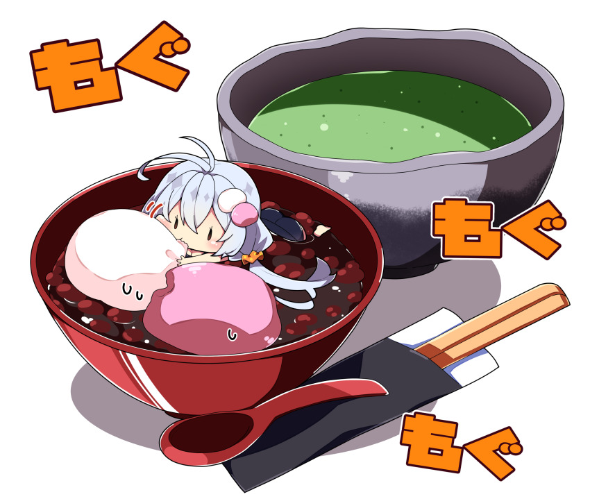 1girl absurdres antenna_hair ass black_one-piece_swimsuit blush bowl brown_eyes chopsticks commentary_request eating food food-themed_hair_ornament food_request grey_hair hair_between_eyes hair_ornament hair_scrunchie highres in_food kizuna_akari long_hair low_twintails milkpanda mini_person minigirl one-piece_swimsuit orange_scrunchie partially_submerged plastic_spoon scrunchie shadow simple_background solo spoon sweat swimsuit translation_request twintails very_long_hair voiceroid white_background |_|