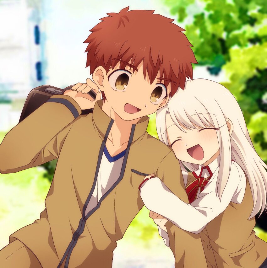 1boy 1girl absurdres arm_hug arm_up bag blush clinging closed_eyes emiya_shirou fate_(series) happy highres holding_another&#039;s_arm illyasviel_von_einzbern long_hair open_clothes open_mouth outdoors red_hair school_bag school_uniform shirt short_hair siblings smile tree tsubuta_hiro white_hair white_shirt yellow_eyes