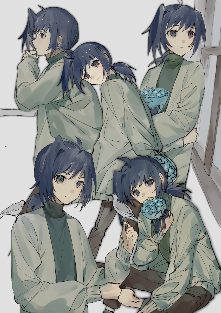 1boy absurdres animal animal_on_shoulder bird bird_on_shoulder black_shirt blue_bow blue_eyes blue_flower blue_hair bouquet bow brown_pants cardfight!!_vanguard closed_mouth commentary_request dot_nose elbows_on_table feet_out_of_frame flower flower_to_mouth from_behind grey_hair grey_jacket grey_socks happy highres holding holding_bouquet interlocked_fingers jacket leaning leaning_forward long_hair long_sleeves looking_at_viewer low_ponytail male_focus morgue_(southsakura) multiple_views one_side_up open_clothes open_jacket own_hands_clasped own_hands_together pants ponytail sendou_aichi shirt simple_background smile socks turtleneck turtleneck_shirt white_bird window