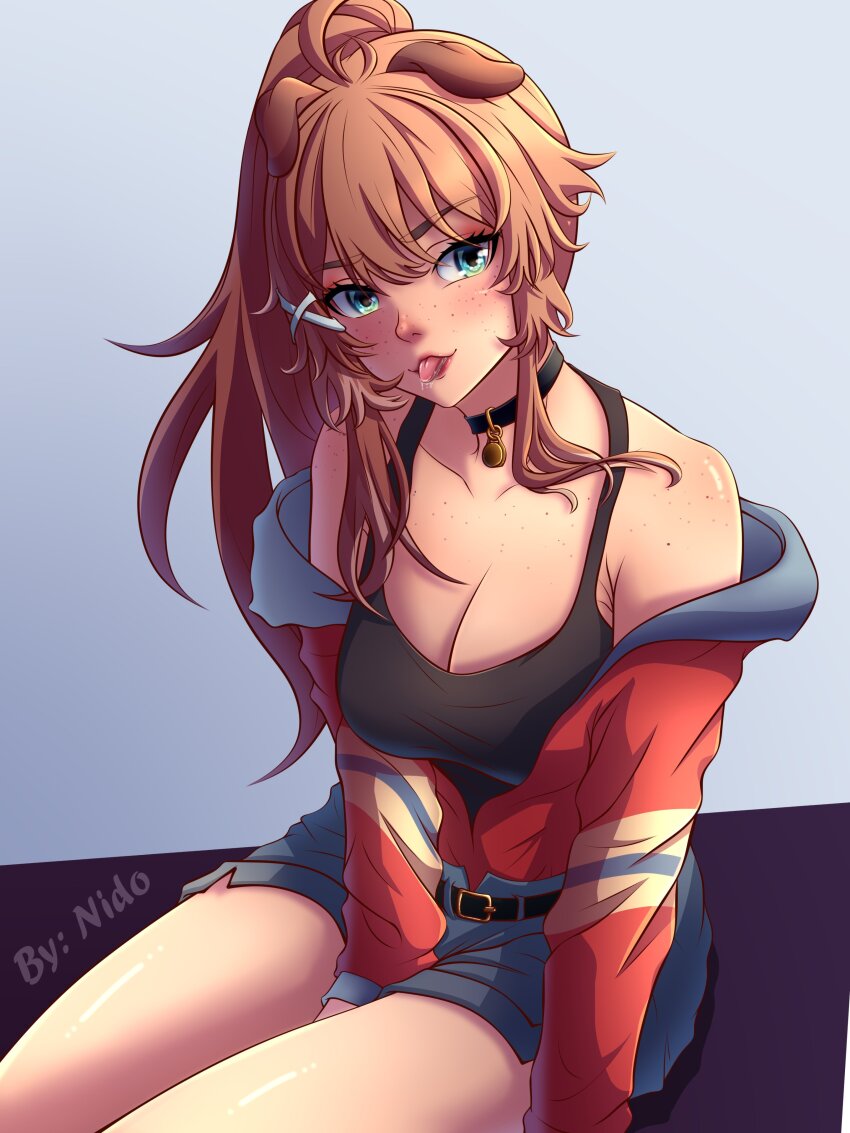 1girl absurdres affternido animal_ears bare_shoulders belt black_belt black_collar black_shirt blue_eyes blue_jacket blue_shorts body_freckles breasts brown_hair cleavage collar collarbone dog_ears dog_girl drooling eyebrows eyelashes feet_out_of_frame female_focus freckles highres indie_virtual_youtuber jacket large_breasts lilybell_(vtuber) long_hair long_sleeves looking_at_viewer multicolored_jacket off-shoulder_jacket off_shoulder open_clothes open_jacket open_mouth ponytail red_jacket saliva shirt shorts shoulder_freckles sitting sleeveless sleeveless_shirt solo thighs tongue tongue_out virtual_youtuber yellow_jacket