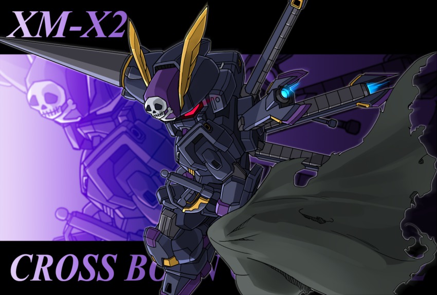 character_name chibi crossbone_gundam crossbone_gundam_x-2 gundam hilt lance looking_back mecha memento_vivi no_humans polearm robot skull_and_crossbones solo torn_clothes weapon zoom_layer