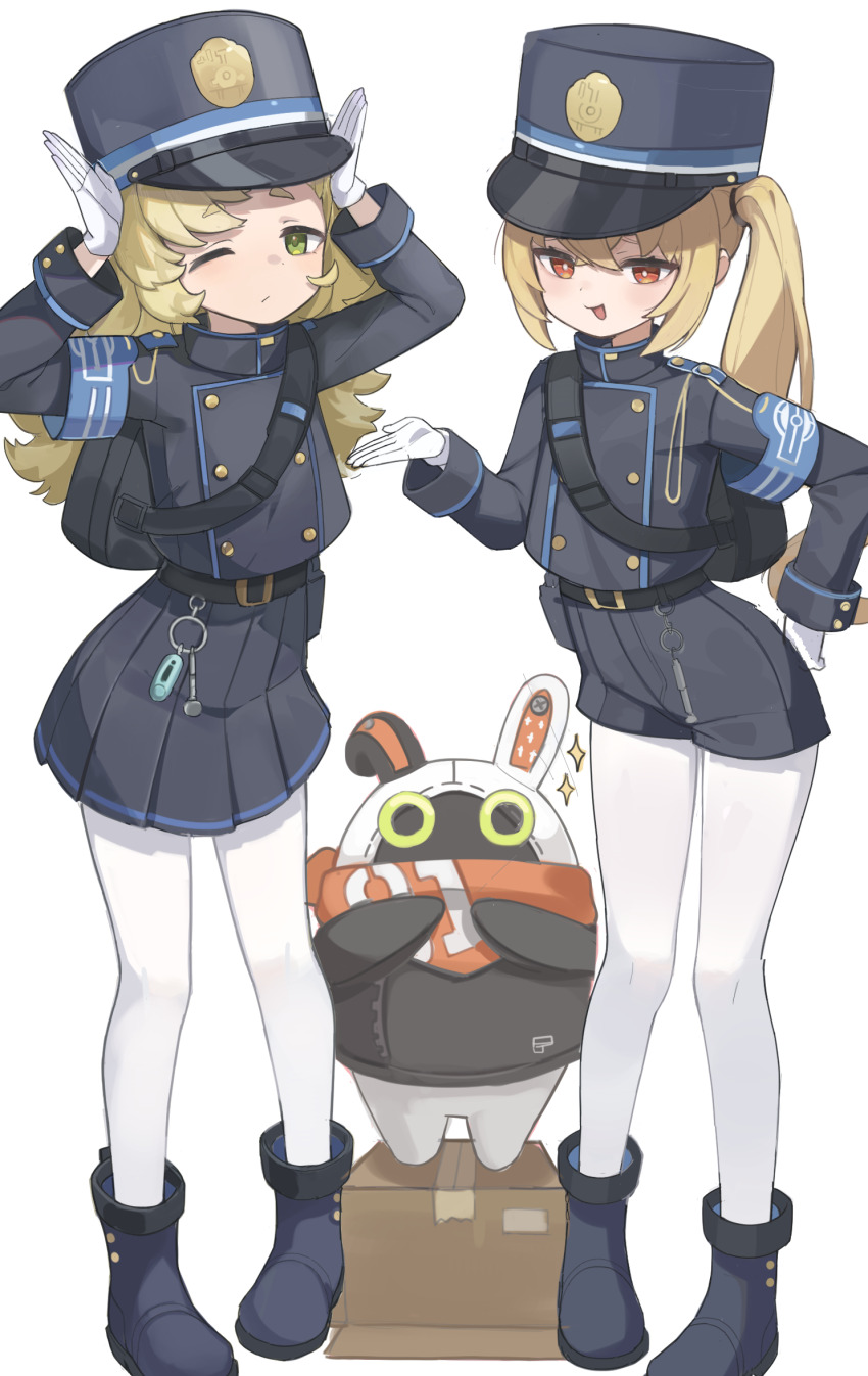 2girls armband blonde_hair blue_archive commentary cosplay gloves green_eyes hat highres hikari_(blue_archive) hikari_(blue_archive)_(cosplay) long_hair luciana_de_montefio multiple_girls nozomi_(blue_archive) nozomi_(blue_archive)_(cosplay) one_eye_closed pantyhose piper_wheel simple_background skirt sun_(65693337) white_background white_gloves white_pantyhose zenless_zone_zero