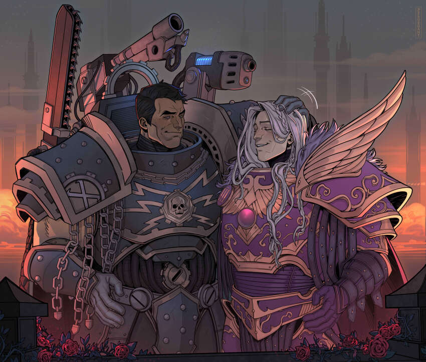 2boys absurdres armor black_hair braid breastplate closed_eyes closed_mouth colored_extremities colored_sclera commentary emperor&#039;s_children english_commentary ferrus_manus flower fulgrim gauntlets grey_armor grey_sclera highres iron_hands_(warhammer) light_blush long_hair male_focus mechabare medusan_carapace multiple_boys natalia_kikicheva outdoors pauldrons power_armor primarch purple_armor red_flower red_rose rerebrace roman_numeral rose ruffling_hair short_hair shoulder_armor single_braid warhammer_40k white_hair