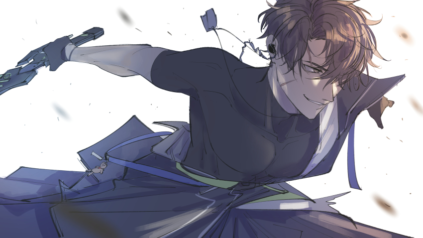 1boy absurdres aki_(neural_cloud) black_gloves black_shirt brown_eyes brown_hair charm_(object) commentary_request dog_tags earpiece facial_scar girls&#039;_frontline girls&#039;_frontline_neural_cloud gloves grin hadanugi_dousa hair_over_one_eye highres holding holding_sword holding_weapon japanese_clothes kimono male_focus messy_hair open_clothes open_kimono pectorals scar scar_on_cheek scar_on_face shirokaza shirt short_hair short_sleeves skin_tight smile solo stuffed_animal stuffed_toy sword teddy_bear upper_body weapon white_background
