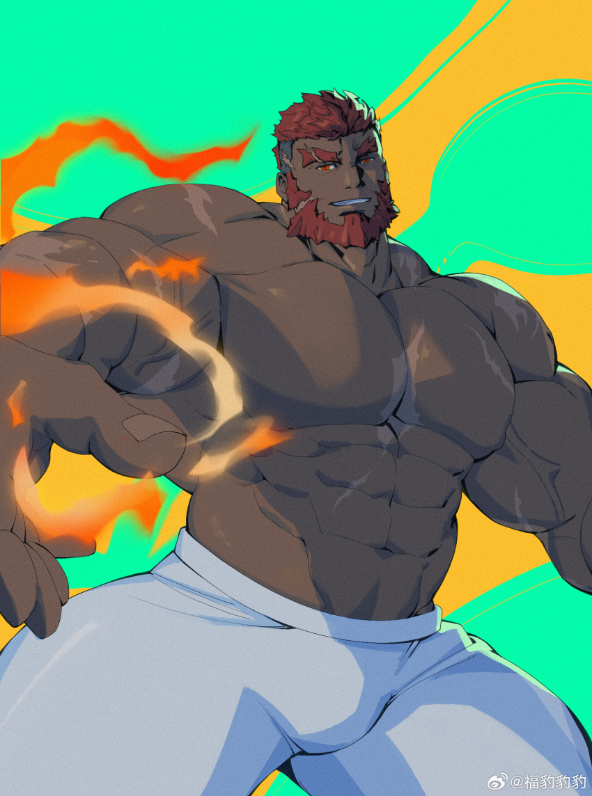 1boy abs artist_request bara beard bulge dark-skinned_male dark_skin eyebrow_cut facial_hair fire flaming_eye flaming_hand hephaestus_(housamo) highres huge_pectorals looking_at_viewer male_focus mature_male muscular muscular_male navel nipples no_nipples pyrokinesis red_eyes scar scar_on_chest seductive_smile short_hair smile solo stomach strongman_waist thick_eyebrows thick_thighs thighs tokyo_houkago_summoners topless_male very_dark_skin