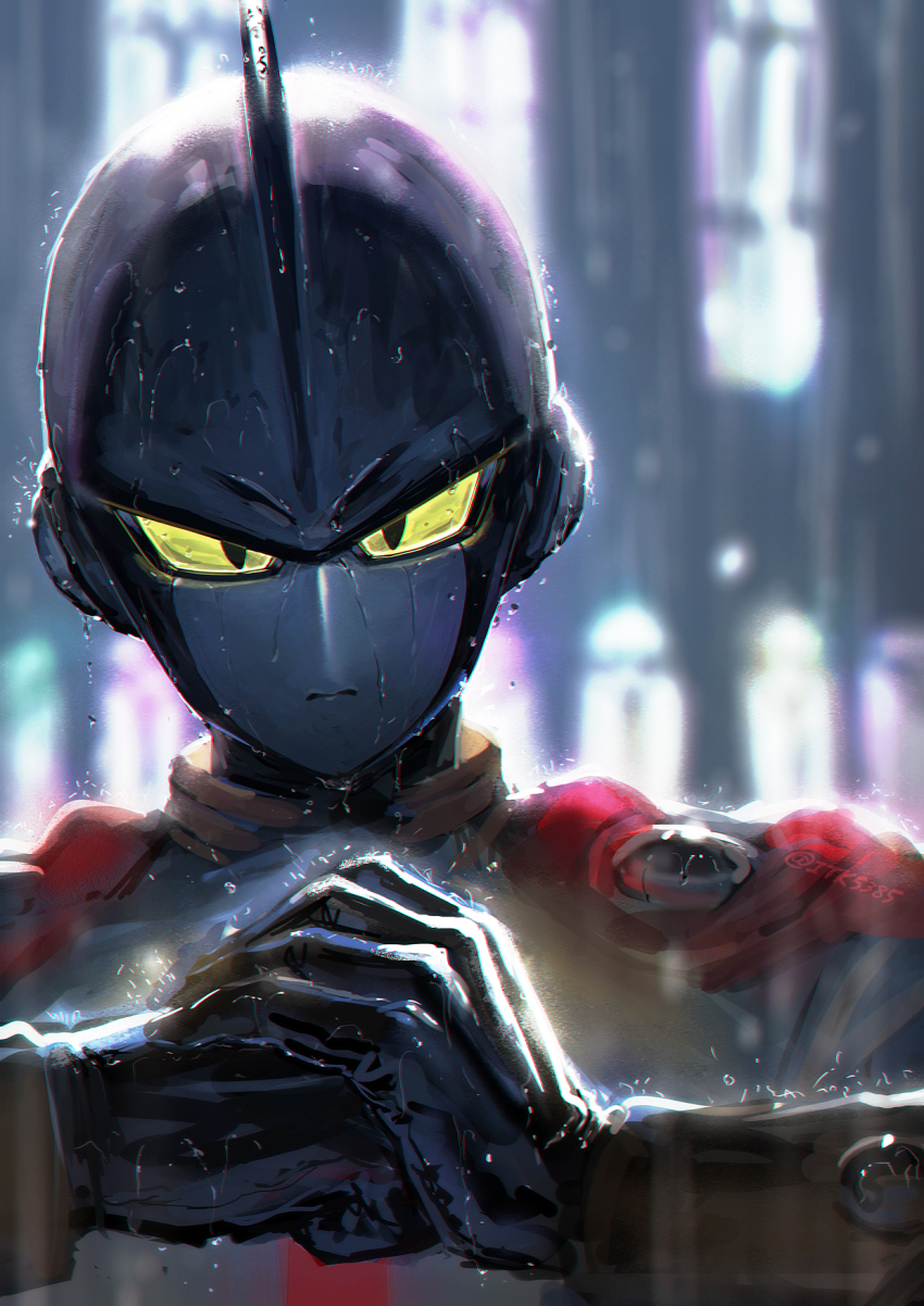 black_gloves blurry blurry_background cape closed_mouth colored_sclera commentary dragon_ball dragon_ball_super dragon_ball_super_super_hero english_commentary gamma_1 gloves highres itsuki_(nightlight) jacket long_sleeves looking_at_viewer male_focus outdoors own_hands_together rain twitter_username upper_body wet yellow_jacket yellow_sclera