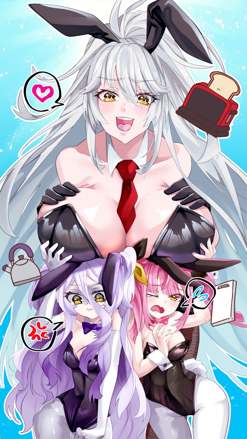 3girls absurdres anger_vein animal_ears between_breasts black_leotard bread bread_slice breast_rest breasts breasts_on_head collar detached_collar fake_animal_ears fake_tail fang flying_sweatdrops food fumizuki_kazuhito gloves grabbing_another&#039;s_breast grey_hair groping hair_ornament hairpin hands_on_own_breasts heart henya_the_genius highres large_breasts leotard long_bangs long_hair looking_at_viewer medium_hair multiple_girls nail_polish necktie necktie_between_breasts one_eye_closed open_mouth pantyhose pink_nails playboy_bunny ponytail power_symbol-shaped_pupils purple_hair purple_leotard rabbit_ears rabbit_tail red_necktie skin_fang small_breasts smile spoken_anger_vein spoken_flying_sweatdrops spoken_heart strapless strapless_leotard symbol-shaped_pupils tail teeth toast toaster upper_teeth_only very_long_hair virtual_youtuber vshojo white_collar white_gloves white_pantyhose yellow_eyes yutori_peke zentreya zentreya_(cyborg)