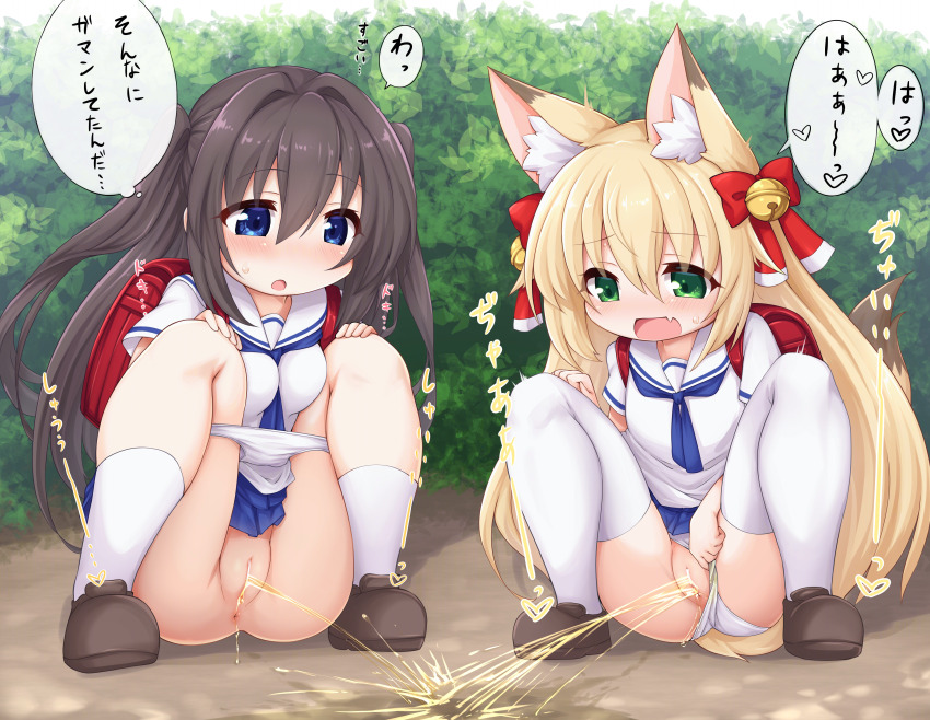 2girls absurdres animal_ear_fluff animal_ears anus ass backpack bag bell blonde_hair blue_eyes blue_skirt blush bow clothing_aside fox_ears fox_girl fox_tail green_eyes hair_bell hair_bow hair_ornament highres jingle_bell kinomiki_nobori loli long_hair multiple_girls open_mouth original outdoors panties panties_aside panty_pull pee peeing peeing_together pussy randoseru sailor_collar school_uniform serafuku shirt shoes skirt socks speech_bubble squatting tail thighhighs translated two_side_up underwear white_panties white_shirt