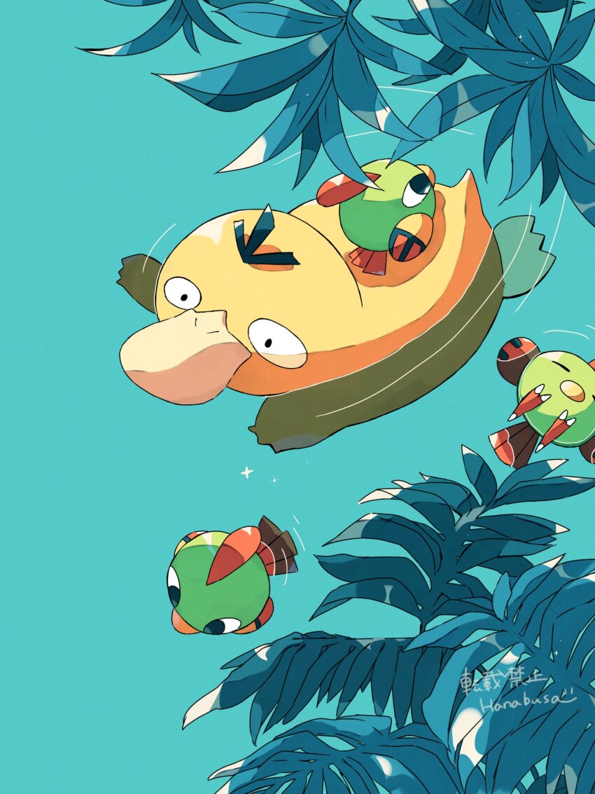 afloat bird bird_tail colored_skin commentary_request gen_1_pokemon gen_2_pokemon green_skin hanabusaoekaki highres natu nintendo no_humans pokemon pokemon_(creature) psyduck ripples swimming tail water yellow_skin