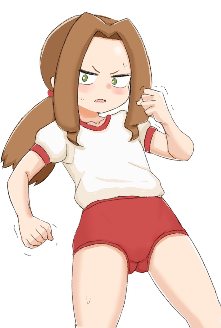 1girl brown_hair buruma green_eyes gym_shirt gym_uniform highres kikuhime kumanyapenguin medarot red_buruma shirt short_sleeves sweatdrop white_shirt