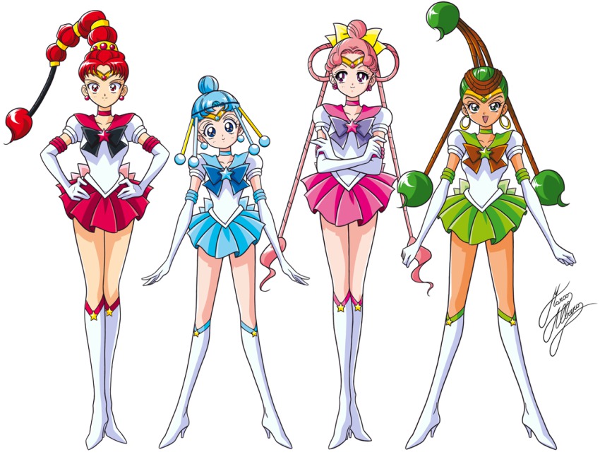 1990s_(style) 4girls amazoness_quartet bishoujo_senshi_sailor_moon bishoujo_senshi_sailor_moon_stars bishoujo_senshi_sailor_moon_supers black_bow blue_bow blue_eyes blue_hair blue_sailor_collar blue_skirt boots bow brooch brown_bow cerecere_(sailor_moon) choker crossed_arms earrings elbow_gloves full_body gloves green_eyes green_hair green_skirt hair_bow hair_bun hair_rings hands_on_own_hips jewelry junjun_(sailor_moon) knee_boots long_hair magical_girl marco_albiero multi-tied_hair multiple_girls pallapalla_(sailor_moon) pink_hair pink_skirt purple_bow red_eyes red_hair red_skirt retro_artstyle sailor_ceres sailor_collar sailor_juno sailor_pallas sailor_senshi sailor_vesta short_hair signature single_hair_bun skirt smile standing star_brooch tan tiara twintails vesves_(sailor_moon) white_background white_footwear white_gloves yellow_bow