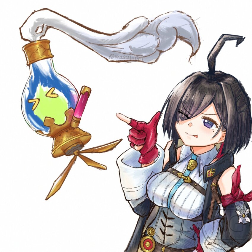 &gt;_&lt; 1girl :p ahoge alt_text artist_name asymmetrical_bangs atelier_(series) atelier_yumia between_breasts black_hair breasts commentary_request finger_gun floating gloves grey_corset hand_on_own_hip highres large_breasts medium_hair mole mole_under_eye multicolored_hair one_eye_closed parted_bangs partially_fingerless_gloves purple_eyes red_gloves red_hair simple_background smile solo standing strap_between_breasts streaked_hair tongue tongue_out twitter_username two-tone_hair wasapi watermark white_background yumia_liessfeldt