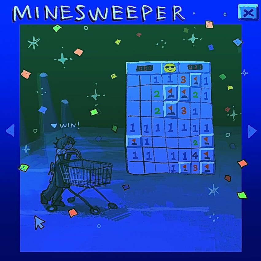 1boy apron black_apron black_hair black_pants blue_border blue_theme border confetti cursor demitasse_(ru-neo) english_text male_focus minesweeper original pants revision ru-neo_(neoru18436) shopping_cart short_hair solo standing wide_shot window_(computing)
