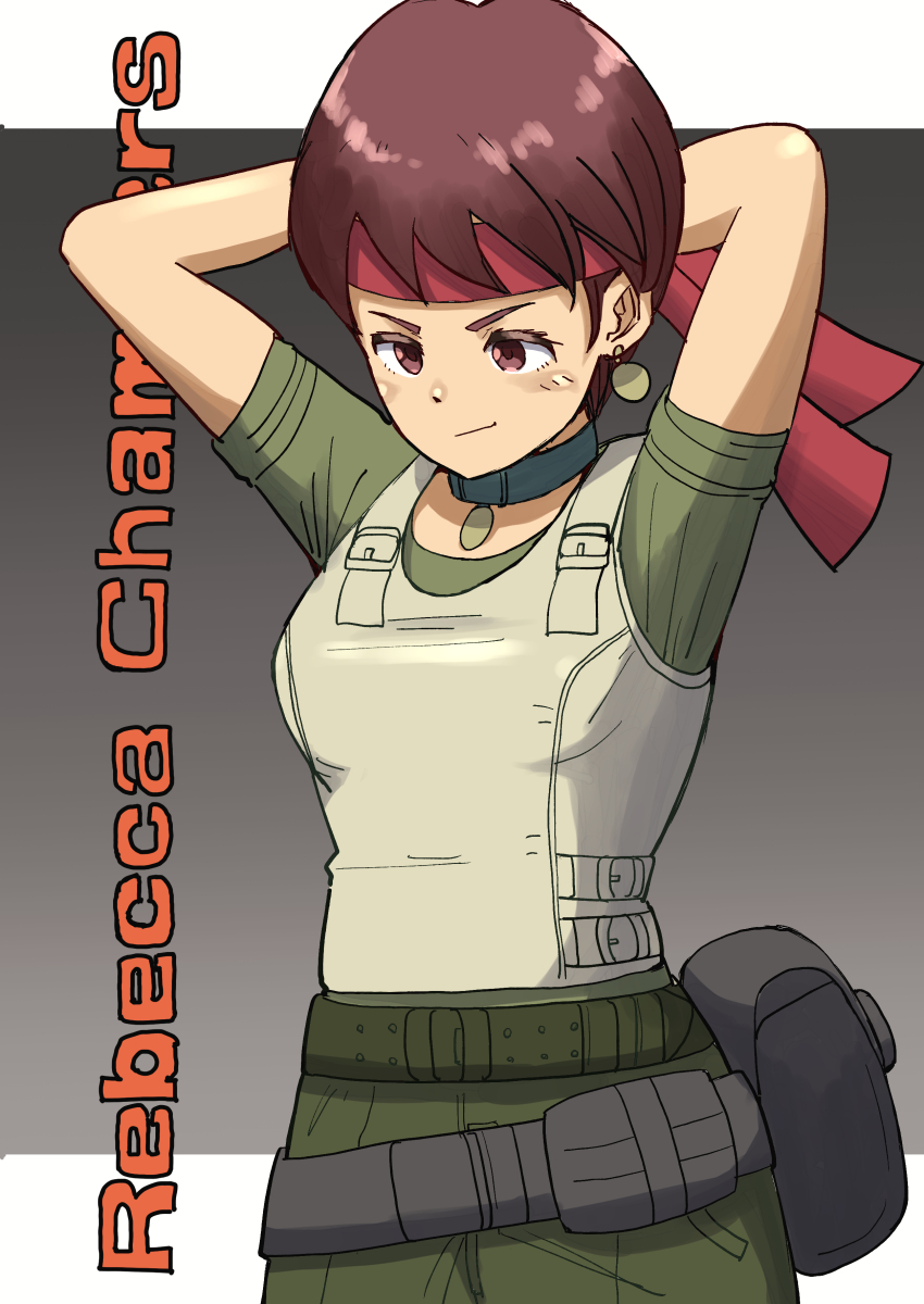 1girl absurdres brown_hair character_name choker closed_mouth earrings haldeco headband highres jewelry rebecca_chambers red_headband resident_evil resident_evil_1 short_hair smile solo