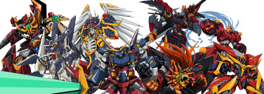 00s 1990s_(style) banpresto choujuushin_gravion choujuushin_gravion_zwei clenched_hand cowboy_shot dygenguar energy_sword flying garmraid genesic_gaogaigar godannar highres holding holding_weapon mecha mechanical_wings monmon_(monban) no_humans retro_artstyle robot ryukooh shinkon_gattai_godannar!! shoulder_pads simple_background sol_gravion srx super_robot_wars super_robot_wars_mx super_robot_wars_original_generation sword ultimate_gravion weapon white_background wildwurger wings yuusha_ou_gaogaigar yuusha_series