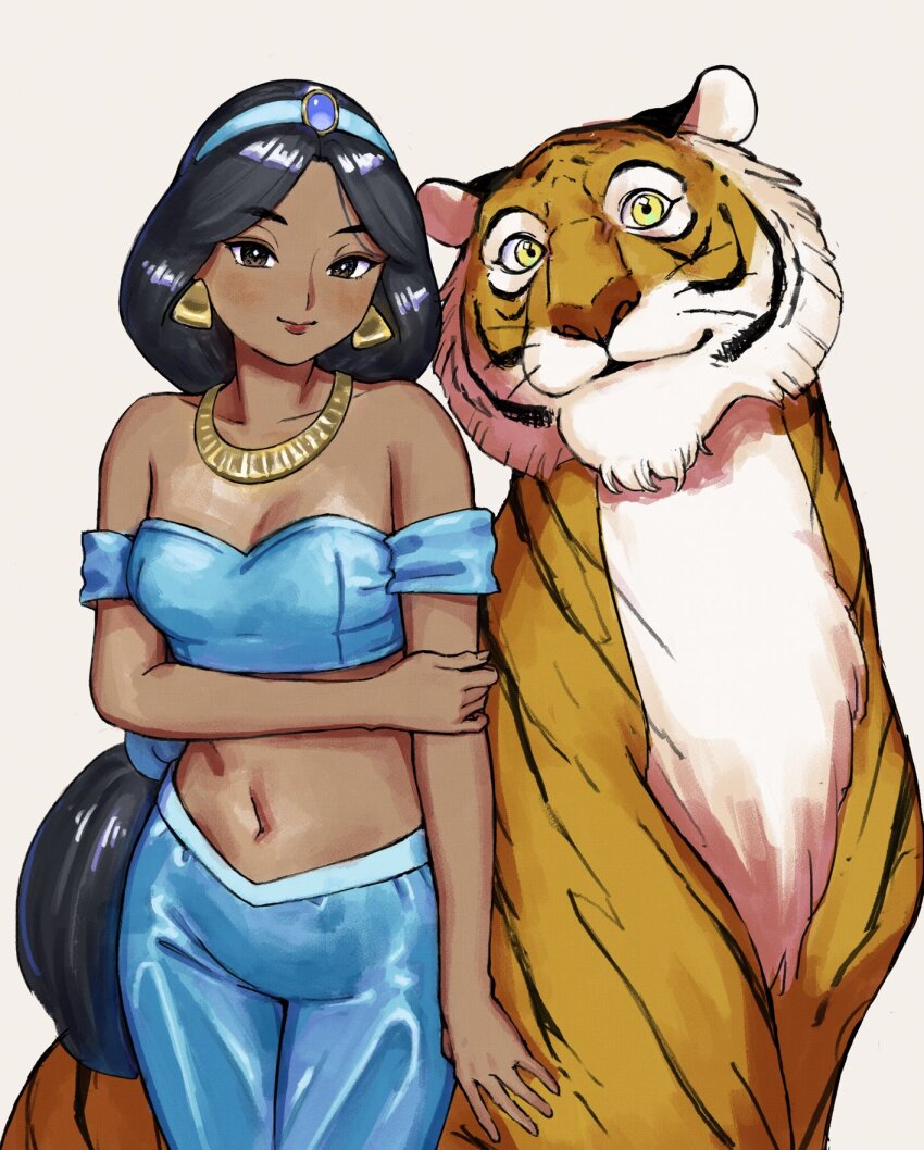 1girl aladdin_(movie) animal bare_shoulders black_eyes black_hair blue_hairband blush breasts cleavage closed_mouth curry_soba dark-skinned_female dark_skin earrings grey_background hairband hand_on_own_arm harem_outfit highres jasmine_(disney) jewelry long_hair looking_at_viewer medium_breasts midriff neck_ring rajah_(disney) simple_background tiger yellow_eyes