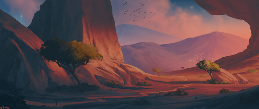 bird commentary dirt_road english_commentary flock highres landscape mountain mountainous_horizon original painterly road rock scenery sunset tree vegetation wopgnop