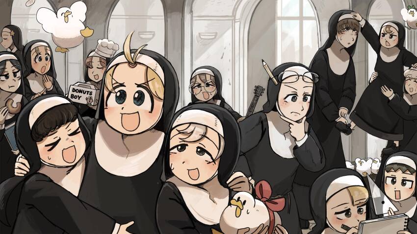 6+girls :d :o bird black_hair black_shoes blonde_hair blue_eyes brown_hair chef_hat chicken closed_eyes clumsy_nun_(diva) commentary diva_(hyxpk) donut drawing_(action) duck eating english_commentary eyewear_on_head food froggy_nun_(diva) glasses glasses_nun_(diva) grey_eyes guitar hat highres hungry_nun_(diva) instrument lifting_person little_nuns_(diva) multiple_girls nun open_mouth pencil pencil_behind_ear petting red_ribbon ribbon round_eyewear sheep_nun_(diva) shoes sketchbook smile spicy_nun_(diva) star_nun_(diva) star_ornament traditional_nun triangle_mouth yellow_eyes