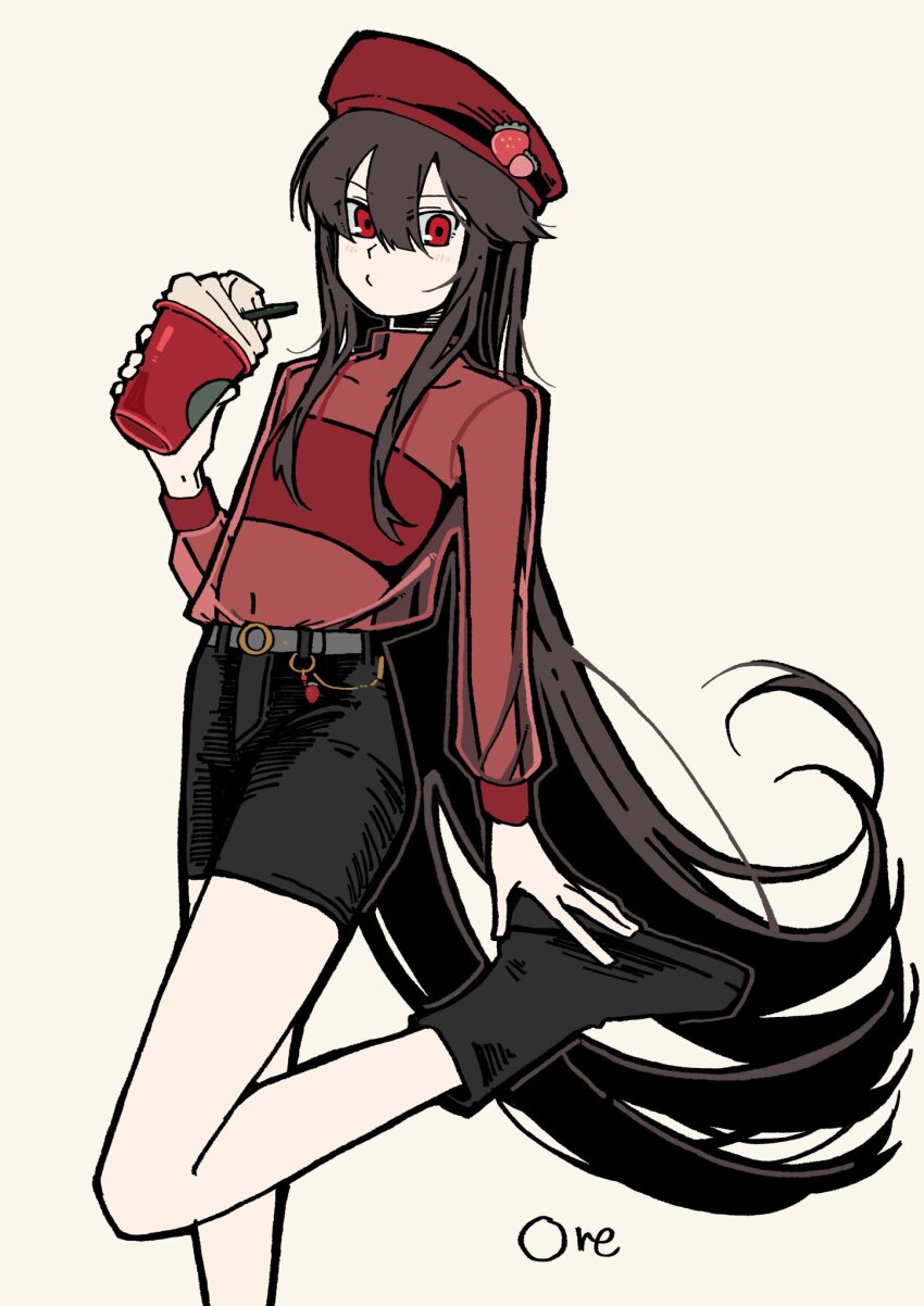 1girl alternate_costume artist_name belt black_hair black_shoes black_shorts blush chain cup drink drinking_straw fate/grand_order fate_(series) food_print fruit_print goma1021 hair_between_eyes hat highres holding holding_cup long_hair long_sleeves looking_at_viewer oda_nobunaga_(fate) red_eyes red_hat red_shirt see-through_clothes shirt shoes shorts simple_background solo strawberry_print very_long_hair whipped_cream white_background