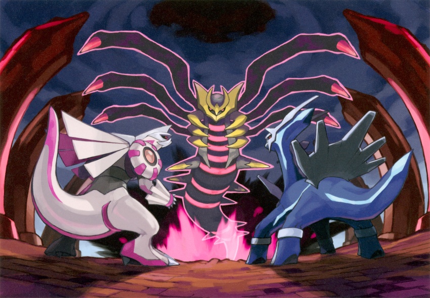 00s absurdres dialga dragon dragon_tail gen_4_pokemon giratina giratina_(origin) highres legendary_pokemon looking_at_another nintendo no_humans official_art palkia pokemon pokemon_(creature) pokemon_dppt sugimori_ken tail