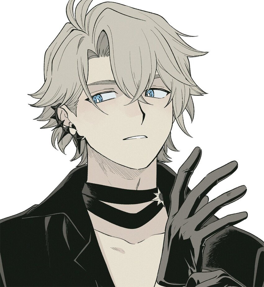 10waoka 1boy adjusting_clothes adjusting_gloves antenna_hair black_choker black_gloves black_shirt blue_eyes choker collared_shirt commentary_request earclip gloves half_gloves highres honkai:_star_rail honkai_(series) looking_to_the_side male_focus official_alternate_costume parted_bangs parted_lips pectoral_cleavage pectorals phainon_(fashion)_(honkai:_star_rail) phainon_(honkai:_star_rail) ponytail shirt short_hair simple_background solo upper_body white_background white_hair