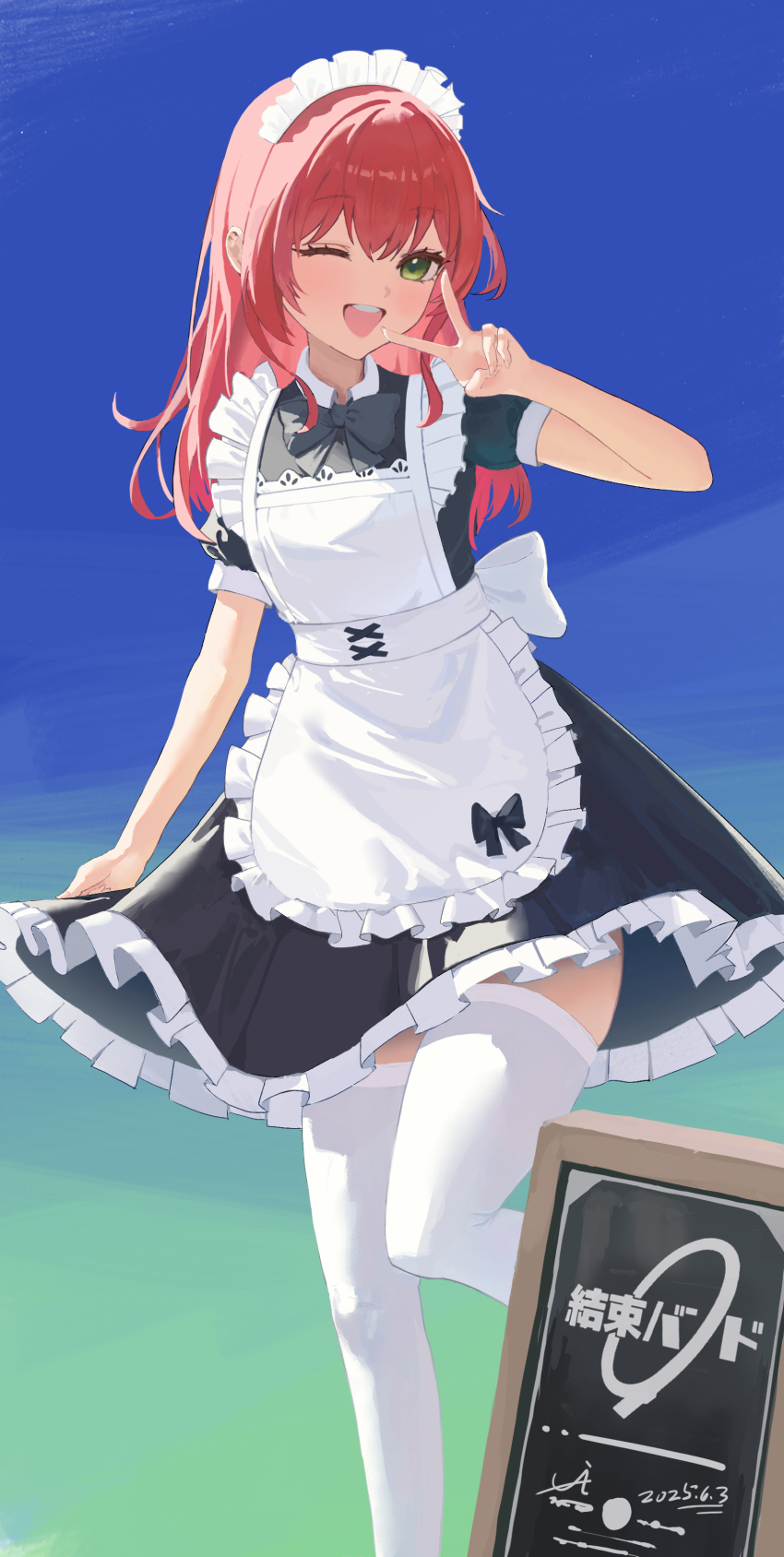 1girl absurdres apron black_bow black_bowtie bocchi_the_rock! bow bowtie dress frilled_apron frilled_dress frills green_eyes highres kita_ikuyo lao_cai_bie_wanzhe_yao long_hair looking_at_viewer maid maid_headdress open_mouth red_hair skindentation sky solo standing standing_on_one_leg teeth thighhighs upper_teeth_only v white_thighhighs zettai_ryouiki