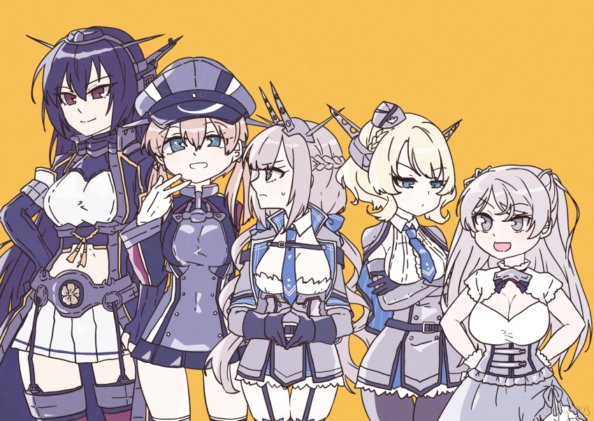 5girls anchor_hair_ornament black_coat black_gloves black_hair black_pantyhose black_thighhighs blonde_hair blue_necktie breasts brown_eyes capelet coat colorado_(kancolle) commentary_request conte_di_cavour_(kancolle) conte_di_cavour_nuovo_(kancolle) corset cowboy_shot detached_collar dress dress_shirt elbow_gloves fingerless_gloves garrison_cap garter_straps gloves grey_capelet grey_dress grey_eyes grey_hair grey_headwear grey_skirt hair_ornament hat headgear height_difference highres kantai_collection kikumon large_breasts long_hair low_twintails maryland_(kancolle) microskirt military military_uniform mini_person minigirl multiple_girls nagato_(kancolle) nagato_kai_ni_(kancolle) nami_nami_(belphegor-5812) necktie pantyhose pleated_dress pleated_skirt prinz_eugen_(kancolle) shirt short_hair skirt standing thigh_gap thighhighs twintails two_side_up white_dress white_shirt white_skirt yellow_background