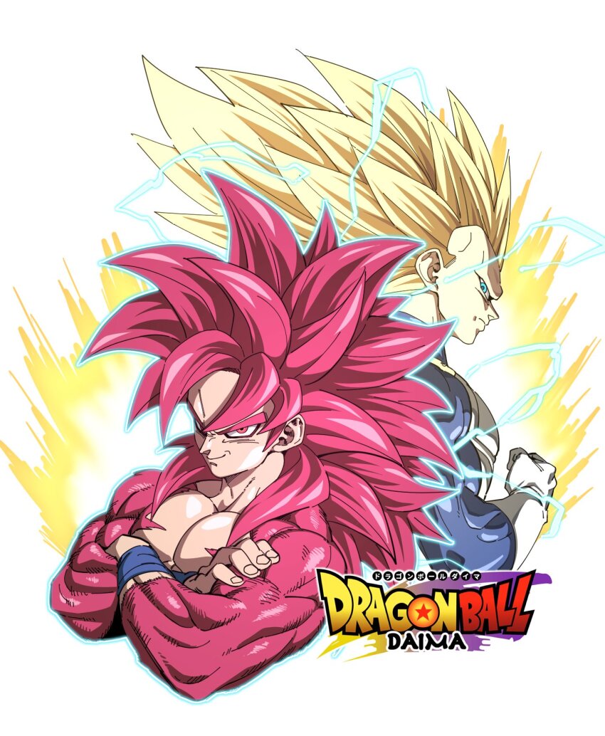 2boys armor aura blonde_hair blue_bodysuit body_fur bodysuit boots commentary crossed_arms dragon_ball dragon_ball_daima electricity full_body gloves green_eyes hello_isedol highres long_hair male_focus monkey_tail multiple_boys no_eyebrows pectorals pole red_eyes red_fur red_hair red_tail saiyan_armor simple_background son_goku spiked_hair super_saiyan super_saiyan_3 super_saiyan_4 tail topless_male upper_body vegeta white_armor white_background white_boots white_gloves