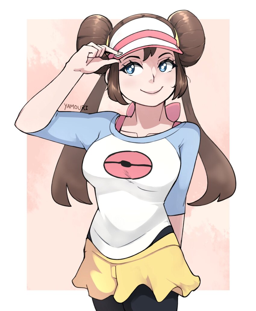 1girl black_pantyhose blue_eyes breasts brown_hair collarbone cowboy_shot double_bun hair_bun highres nintendo pantyhose pantyhose_under_shorts pokemon pokemon_bw2 raglan_sleeves rosa_(pokemon) shorts signature solo visor_cap yamouri yellow_shorts