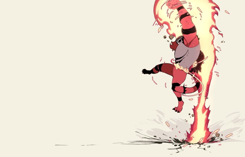 1boy animal_ears black_nails cat_ears claws clenched_hands commentary english_commentary fire full_body gen_7_pokemon guilty_gear guilty_gear_strive highres incineroar jumping muscular muscular_male nail_polish nintendo nyantcha parody pokemon pokemon_(creature) punching red_fur sharp_teeth solo teeth uppercut volcanic_viper