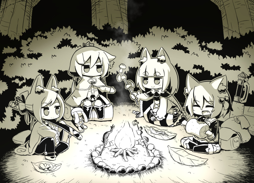 4girls 7th_dragon 7th_dragon_(series) :d animal_ear_fluff animal_ears belt blunt_bangs blush bodysuit boned_meat boots bubble_skirt bush campfire cape cat_ears closed_eyes closed_mouth commentary_request crown fang fighter_(7th_dragon) fire food frilled_skirt frills gloves hair_between_eyes hair_bobbles hair_ornament harukara_(7th_dragon) highres holding holding_food holding_sheath ikurakun_(7th_dragon) jacket katana knee_boots leaf long_sleeves mage_(7th_dragon) meat mini_crown momomeno_(7th_dragon) monochrome multiple_girls naga_u namuna_(7th_dragon) nature night one_side_up open_clothes open_mouth outdoors over_shoulder princess_(7th_dragon) samurai_(7th_dragon) samurai_(7th_dragon) seiza sheath sheathed shirt shoes short_eyebrows sitting skirt smile sword sword_over_shoulder thick_eyebrows tree v-shaped_eyebrows weapon weapon_over_shoulder wide_sleeves