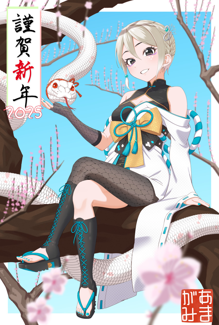 1girl 2025 absurdres amagamip black_dress black_eyes blue_nails cherry_blossoms chinese_zodiac commentary_request dress eyeshadow fingerless_gloves gloves grey_hair grin hair_ornament happy_new_year highres idolmaster idolmaster_cinderella_girls looking_at_viewer makeup multicolored_dress nail_polish new_year otudoors purple_eyeshadow shiomi_syuko short_hair sitting smile snake snake_hair_ornament solo teeth toenail_polish toenails translation_request white_dress year_of_the_snake