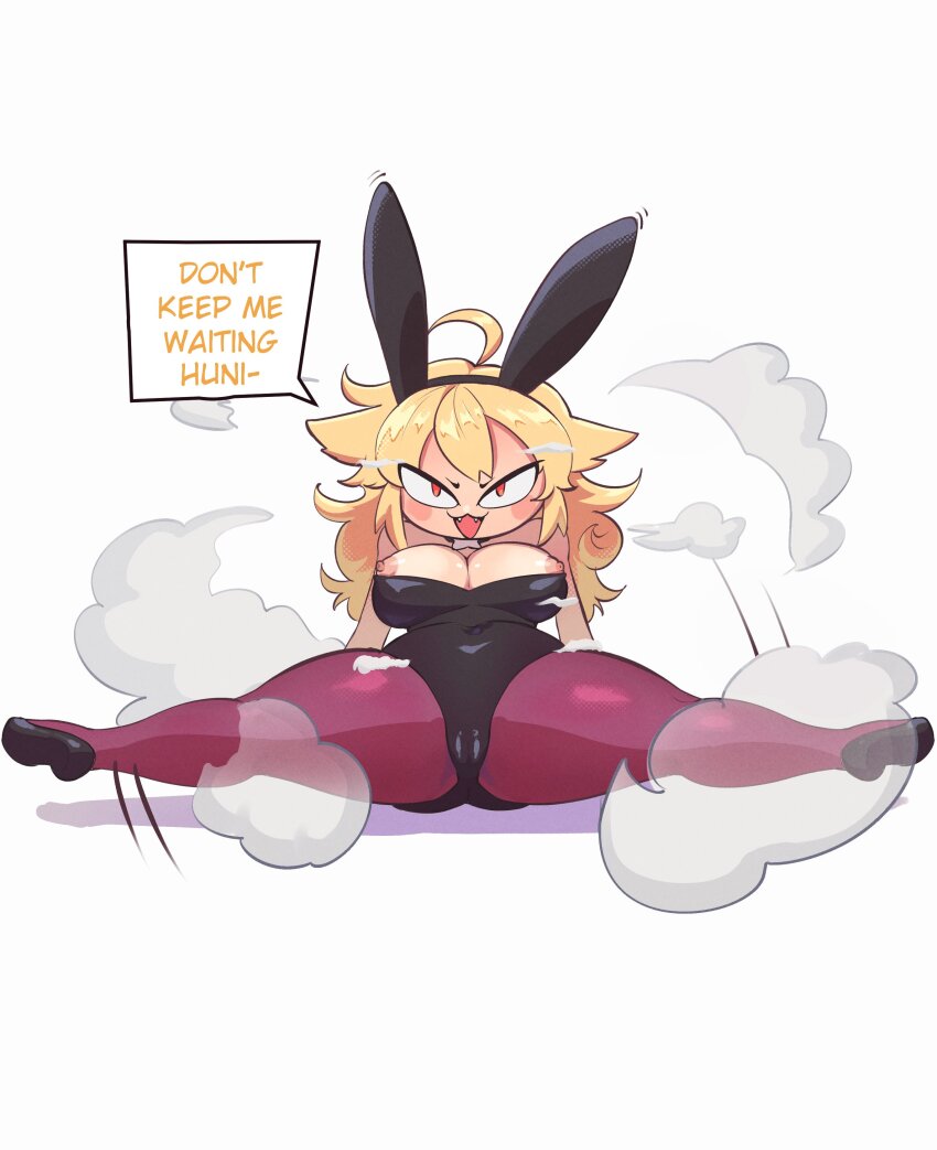 1girl absurdres ahoge animal_ears april_fools bed_invitation blonde_hair blush_stickers bow bowtie breasts cameltoe chestnut_mouth chibi cleavage commentary easter english_commentary english_text fake_animal_ears fangs full_body hentaly high_heels highres large_breasts leotard long_hair looking_at_viewer nipple_slip nipples no_nose pantyhose playboy_bunny presenting pumps purple_pantyhose red_eyes rwby shortstack solo speech_bubble split spread_legs strapless strapless_leotard thick_thighs thighs transformation white_bow white_bowtie yang_xiao_long