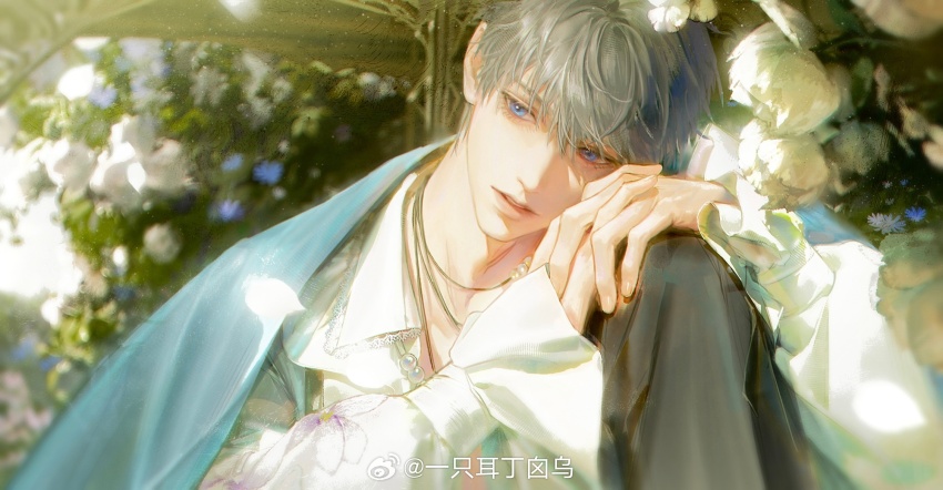 1boy black_pants blanket blue_eyes bush chinese_commentary collarbone collared_shirt commentary_request day downturned_eyes eyelashes flag floral_print frilled_sleeves frills garden grey_hair hair_between_eyes hands_on_own_knees highres interlocked_fingers jewelry knee_up lace-trimmed_shirt_collar lace_trim light_particles lips long_sleeves looking_ahead love_and_deepspace male_focus necklace open_clothes open_shirt outdoors own_hands_together pants parted_lips pavilion pink_lips puffy_long_sleeves puffy_sleeves realistic shirt short_hair solo teeth thick_eyebrows upper_body watermark weibo_watermark white_flag white_shirt xavier_(love_and_deepspace) yi_zhi_er_ding_xin_wu