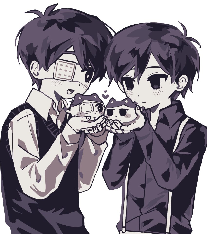 2boys :d :| alternate_costume alternate_sleeve_length animal animalization antenna_hair blush bright_pupils cat closed_mouth collared_shirt dot_nose double-parted_bangs dual_persona empty_eyes eye_contact eyepatch face-to-face fingernails greyscale hair_between_eyes hands_up heart highres holding holding_animal holding_cat long_sleeves looking_at_another male_focus medical_eyepatch monochrome multiple_boys no_pupils omori omori_(omori) open_mouth person_and_animalization rou_(h_s_sinrin) shirt short_hair simple_background smile spoilers sunny_(omori) suspenders sweater_vest teeth tongue upper_body upper_teeth_only white_background
