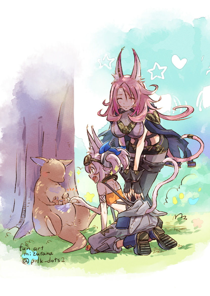 2girls animal_ears blush closed_mouth duel_monster ear_piercing goggles goggles_on_head hair_ornament highres kitt_(yu-gi-oh!) long_hair melffy_wally mizutama_(mizutamalion) multiple_girls open_mouth piercing pink_hair pink_tail short_hair signature smile tri-brigade_ferrijit_the_barren_blossom tri-brigade_kitt yu-gi-oh!