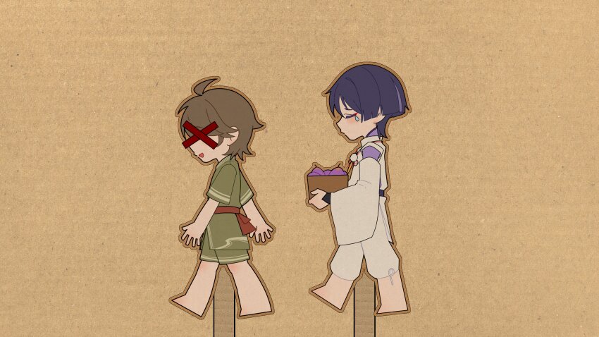 2boys absurdres ahoge armor arms_at_sides barefoot basket black_sash blunt_ends brown_hair brown_outline cardboard cardboard_cutout censored censored_identity closed_eyes clothing_cutout eyeliner eyeshadow facing_another facing_to_the_side feathers genshin_impact green_kimono green_shorts green_sleeves highres holding holding_basket japanese_armor japanese_clothes kariginu kimono kote kurokote lavender_melon_(genshin_impact) long_sleeves makeup miaoyeza233 mid-stride multicolored_hair multiple_boys open_hands open_mouth outline pants pom_pom_(clothes) purple_hair purple_kimono purple_sleeves red_eyeliner red_eyeshadow red_sash sash scaramouche&#039;s_sickly_friend_(genshin_impact) scaramouche_(genshin_impact) scaramouche_(kabukimono)_(genshin_impact) short_sleeves shorts shoulder_cutout streaked_hair string teardrop tearing_up tears walking white_pants white_sleeves white_trim wide_sleeves x yellow_feathers