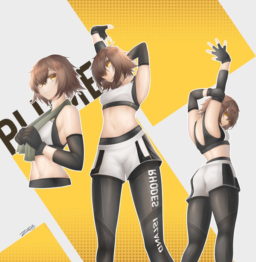 1girl absurdres arknights bird_girl black_leggings bra brown_hair compression_sleeve exercising fingerless_gloves gloves highres leggings leggings_under_shorts midriff plume_(arknights) plume_(easy_time)_(arknights) sports_bra underwear white_bra white_sports_bra zaronriot