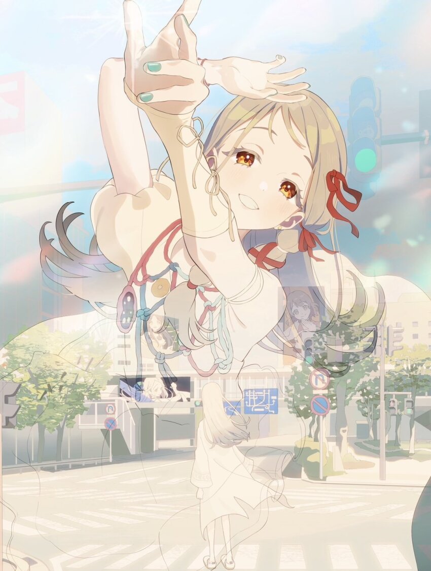 1girl arms_up blonde_hair bracelet braid brown_eyes brown_hair building city colored_eyelashes commentary_request crosswalk dress earrings fingernails flipped_hair from_behind gakuen_idolmaster gradient_hair green_nails grey_hair grey_nails hair_ribbon hanami_ume highres idolmaster intersection jewelry kuramoto_china light_blush long_hair looking_ahead looking_at_viewer multicolored_hair multiple_bracelets multiple_views nail_polish open_mouth orange_eyes outdoors own_hands_together pedestrian_lights projected_inset puffy_short_sleeves puffy_sleeves reaching red_ribbon ribbon ribbon_braid road road_sign robe screen shinosawa_hiro shoes short_hair short_sleeves side_braid sidewalk sign single-shoulder_dress single_bare_shoulder smile standing stop_sign street stud_earrings sunfaded_(idolmaster) tanupon traffic_light tree triangle_hands urban white_dress white_robe white_shoes wide_shot