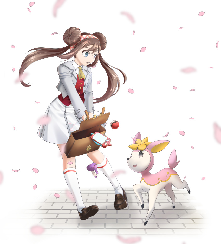 1girl absurdres brown_hair cherry_blossoms deerling gen_5_pokemon highres nintendo poke_ball poke_ball_(basic) pokemon pokemon_masters_ex poryphone potion_(pokemon) rosa_(academy)_(pokemon) rosa_(pokemon) skirt white_skirt xix06