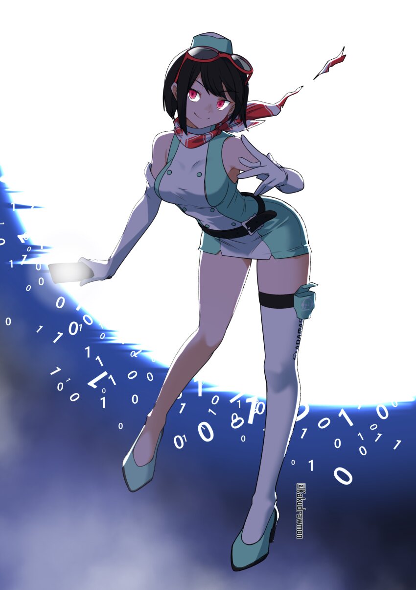 1girl absurdres bare_shoulders black_hair breasts brown_eyes cellphone digimon digimon_story:_time_stranger dress elbow_gloves eyewear_on_head flip_phone full_body gloves glowing glowing_eyes green_dress green_hat green_high_heels hat high_heels highres holding holding_phone kakudrawmon large_breasts phone shadow short_dress short_hair simple_background single_thighhigh sleeveless sleeveless_dress solo thighhighs white_background white_dress white_gloves white_thighhighs yuuki_kanan yuuki_kanan