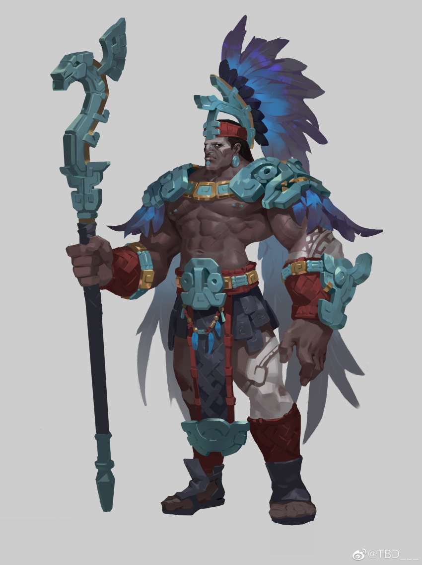 1boy abs absurdres bara check_copyright concept_art copyright_request dark-skinned_male dark_skin full_body headdress highres holding holding_staff large_hands large_pectorals male_focus mature_male muscular muscular_male native_american_headdress navel nipples original pectorals pelvic_curtain qchbtb short_hair solo staff standing stomach tachi-e thick_eyebrows tribal v-taper very_dark_skin