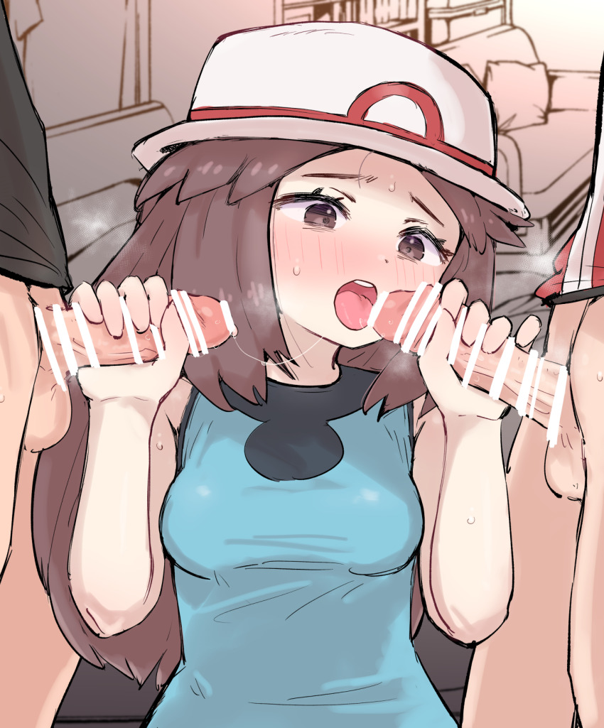 1girl 2boys bar_censor blue_oak breasts brown_eyes brown_hair censored commentary_request eyelashes hands_up hat highres imminent_fellatio kutabireta_neko leaf_(pokemon) long_hair looking_at_penis looking_to_the_side multiple_boys nintendo open_mouth penis penis_hold pokemon pokemon_frlg red_(pokemon) saliva saliva_trail shirt sleeveless sleeveless_shirt sweat teeth testicles textless_version tongue upper_teeth_only white_hat