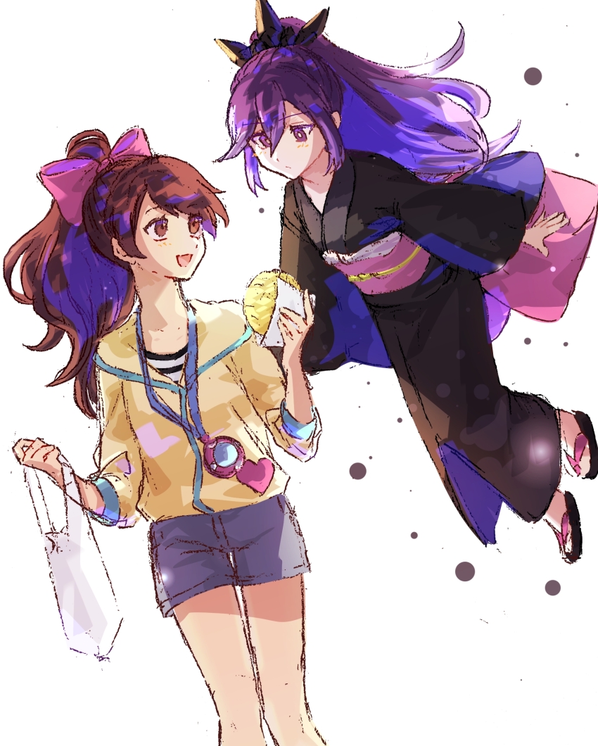2girls bag black_kimono bread brown_eyes brown_hair dutch_angle floating food heart high_ponytail highres holding holding_bag holding_food hyakkihime jagaimobeniko japanese_clothes kimono kodama_fumika long_hair looking_at_another melon_bread multiple_girls open_mouth pendant_watch ponytail purple_eyes purple_hair sandals shorts simple_background watch white_background youkai_(youkai_watch) youkai_watch youkai_watch_(object) zouri