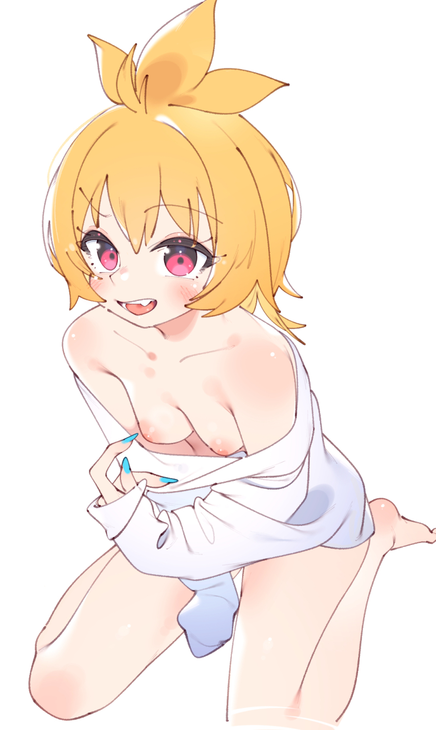 1girl bare_legs bare_shoulders barefoot between_legs blonde_hair blue_nails breasts clothes_pull copyright_request hand_between_legs highres long_sleeves nail_polish naked_shirt nipples no_bra off_shoulder open_mouth pink_eyes pulling_own_clothes rasusurasu shirt shirt_pull short_hair simple_background sitting small_breasts solo wariza white_background