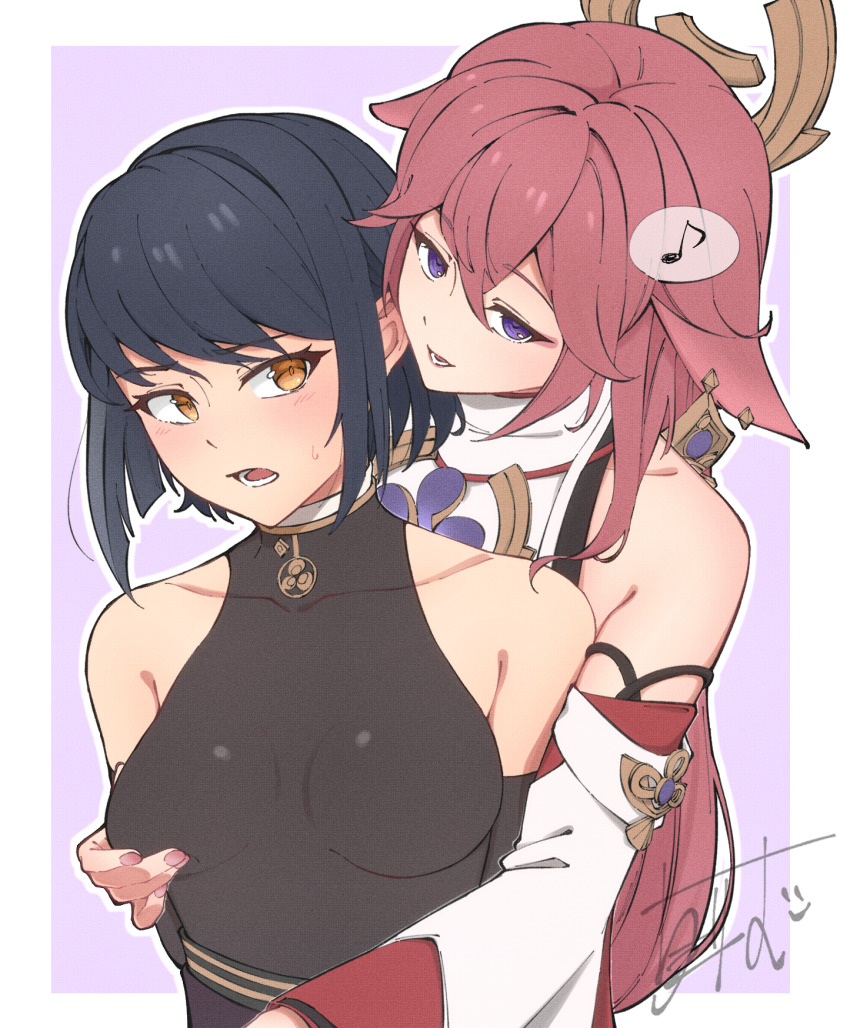 2girls animal_ears black_hair black_shirt blush border breasts cherrrim commentary_request detached_sleeves dress earrings fox_ears genshin_impact grabbing_another&#039;s_breast grabbing_from_behind groping highres jewelry kujou_sara long_hair medium_breasts multiple_girls musical_note open_mouth orange_eyes pink_hair purple_background purple_eyes shirt short_hair signature simple_background sleeveless sleeveless_shirt spoken_musical_note sweatdrop upper_body very_long_hair white_border white_dress yae_miko yuri