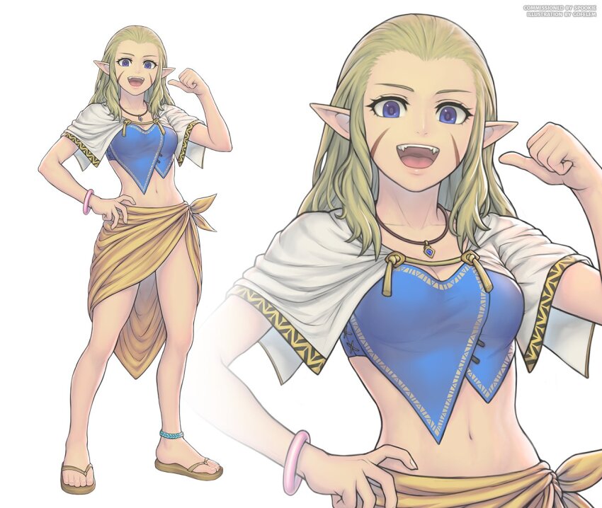 1girl blonde_hair blue_eyes breasts commentary facial_mark full_body gofelem jessica_de_alkirk jewelry long_hair looking_at_viewer lunar:_the_silver_star medium_breasts navel necklace open_mouth pointy_ears sandals simple_background smile solo white_background