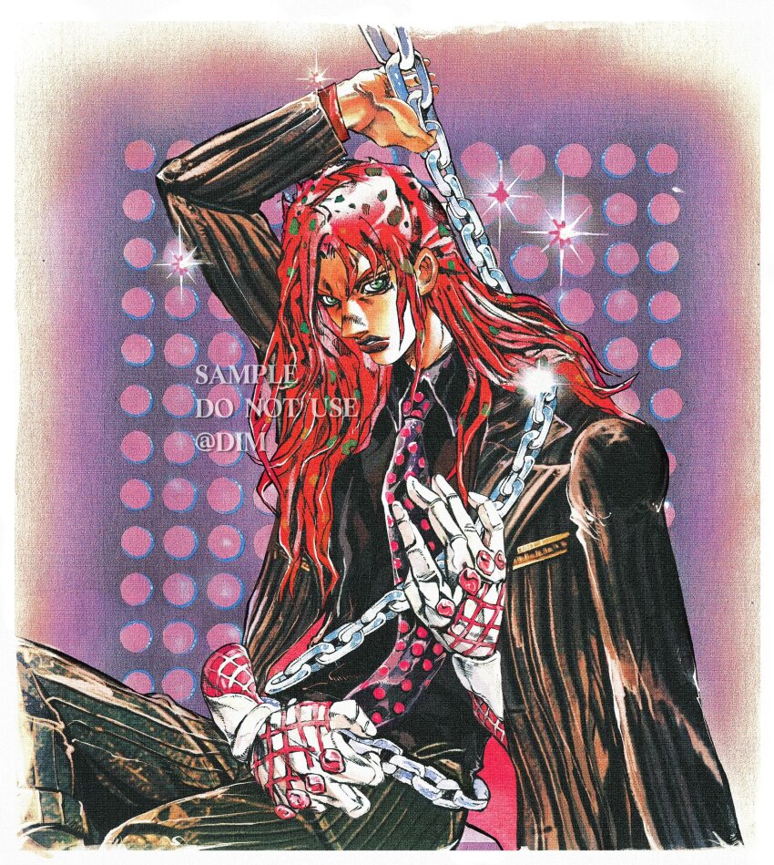 1boy araki_hirohiko_(style) black_jacket black_lips black_pants black_shirt chain collared_shirt diavolo dim_7976 green_eyes highres jacket jojo_no_kimyou_na_bouken jojo_pose king_crimson_(stand) long_hair pants polka_dot polka_dot_background polka_dot_hair polka_dot_tie red_hair shirt traditional_media tuxedo vento_aureo